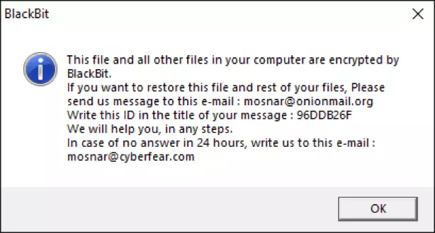 Сообщение о шифровании, открываемое при открытии файлов “.BlackBit” (пример)