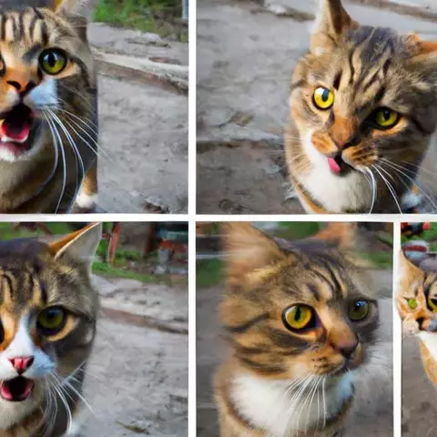 A disheveled cat in fear at three different moments in time: 1) surprise from encountering th...webp