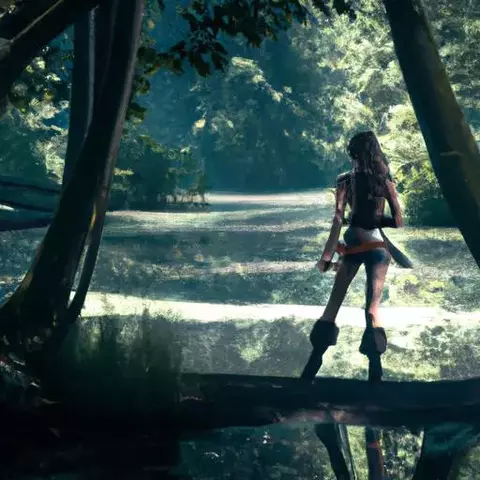 Lara Croft in the fantasy wild forest with a lake somewhere far away. Lara is holding two pis...webp