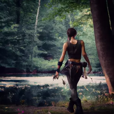 Lara Croft in the fantasy wild forest with a lake somewhere far away. Lara is holding two pis...webp