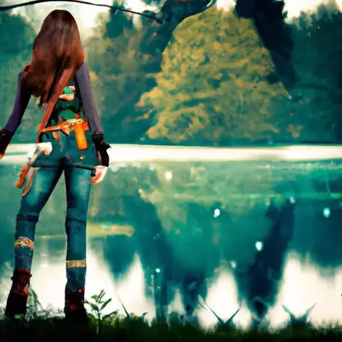 Lara Croft in the fantasy wild forest with a lake somewhere far away. Lara is holding two pis...webp