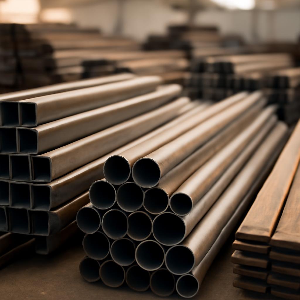 Общий вид металлобазы с рядами металлопродукции