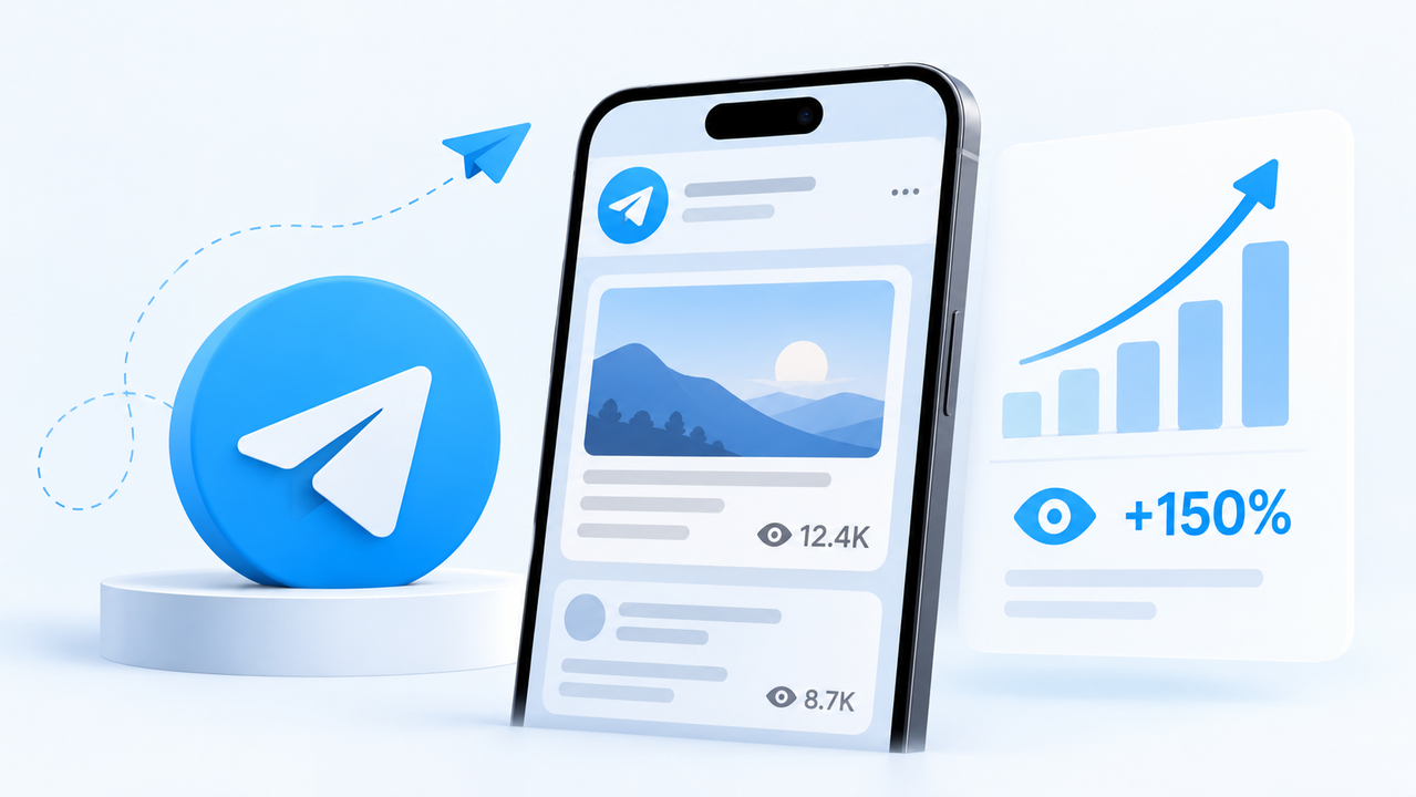 Увеличение просмотров в Telegram-канале — смартфон с публикациями, статистикой просмотров и графиком роста охватов