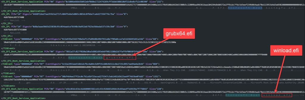 Снимок экрана журналов MeasureBoot с аннотациями, показывающими компоненты BlackLotus. 