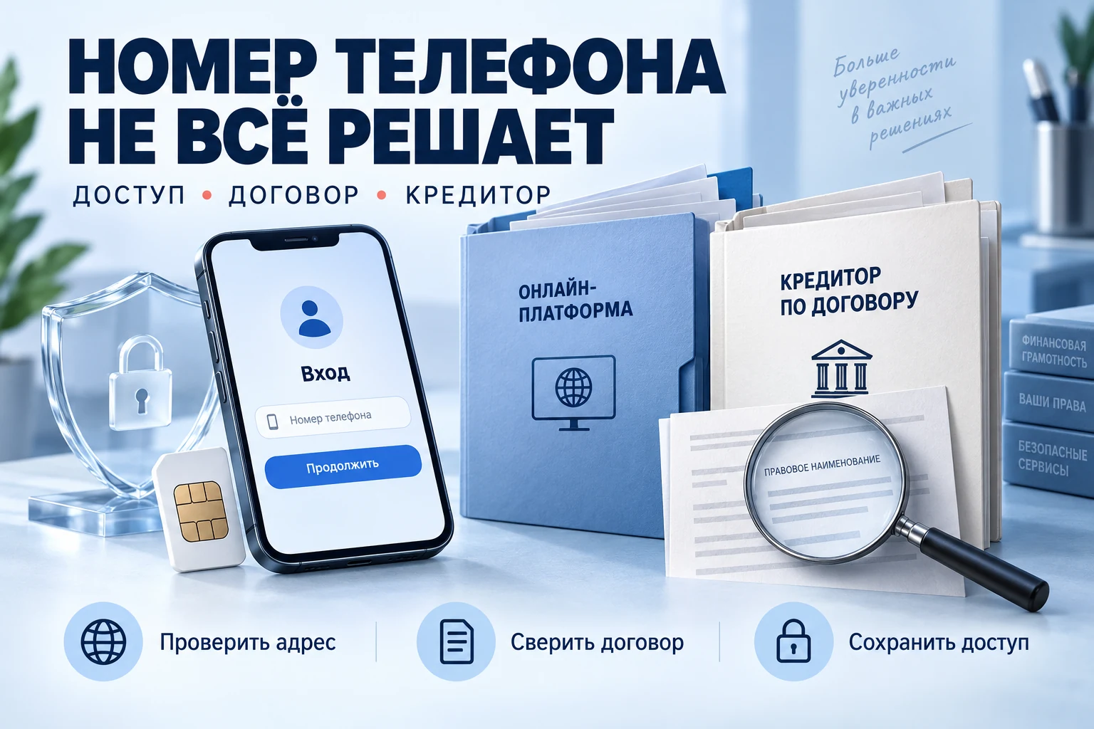 Телефон для входа, папка договора и проверка названия кредитора
